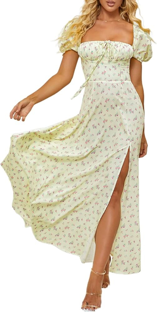 Women's Summer Puff Sleeve Floral Split Maxi Dress Flowy A Line Casual Beach Long Dresses | Amazon (US)