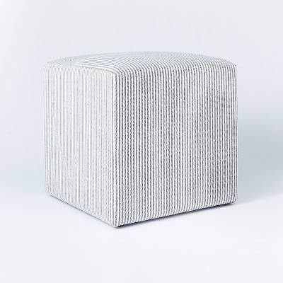 Lynwood Square Upholstered Cube Ottoman Ticking Navy Stripe - Threshold™ designed with Studio McGee | Target