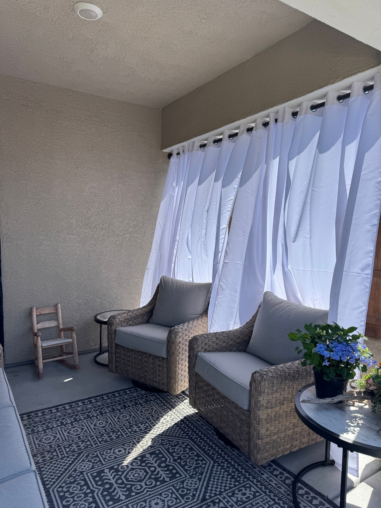 Completely in love with our updated patio!! We added more cozy furniture and curtains to help block the afternoon sun! 
This tension is sturdy, has held up the last two days in this Nevada windstorm, and can easily move with us!! All linked!l for you! 


#patiofurniture #outdoorfurniture  

#LTKSeasonal #LTKHome