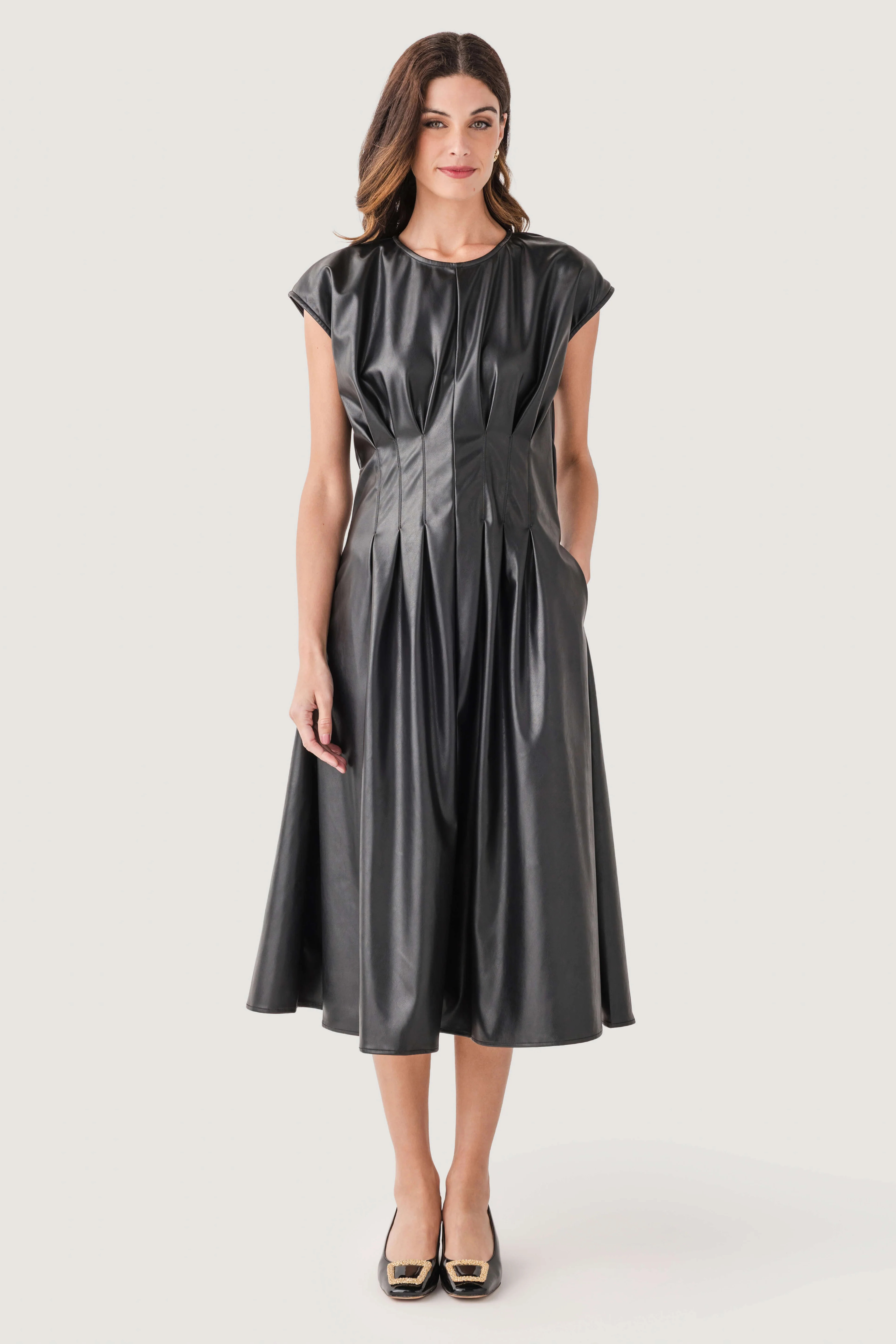 THML Faux Leather Pleated Midi Dress | Social Threads