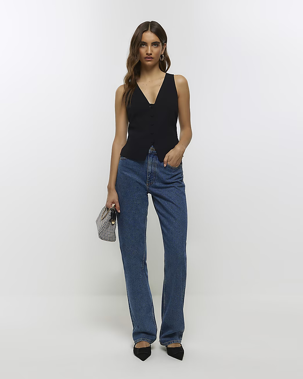 Black button front waistcoat | River Island (UK & IE)