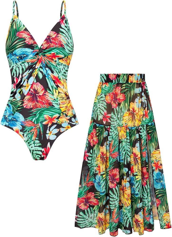 GRACE KARIN Women's One Piece Swimsuits with Cover Up Skirt Tummy Control V Neck Bathing Suits | Amazon (US)