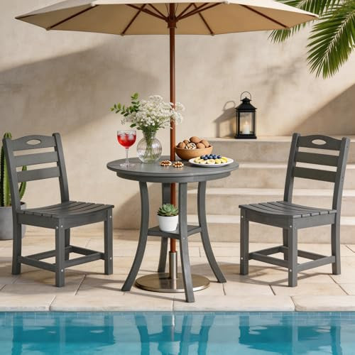 3 Piece Outdoor Patio Bistro Set with Umbrella Hole, HDPE 29.7" Round Dining Table & Porch Chairs Set of 2, Outdoor Patio Furniture Set with Bistro Table and Chairs for Balcony Backyard, Charcoal Gray | Amazon (US)