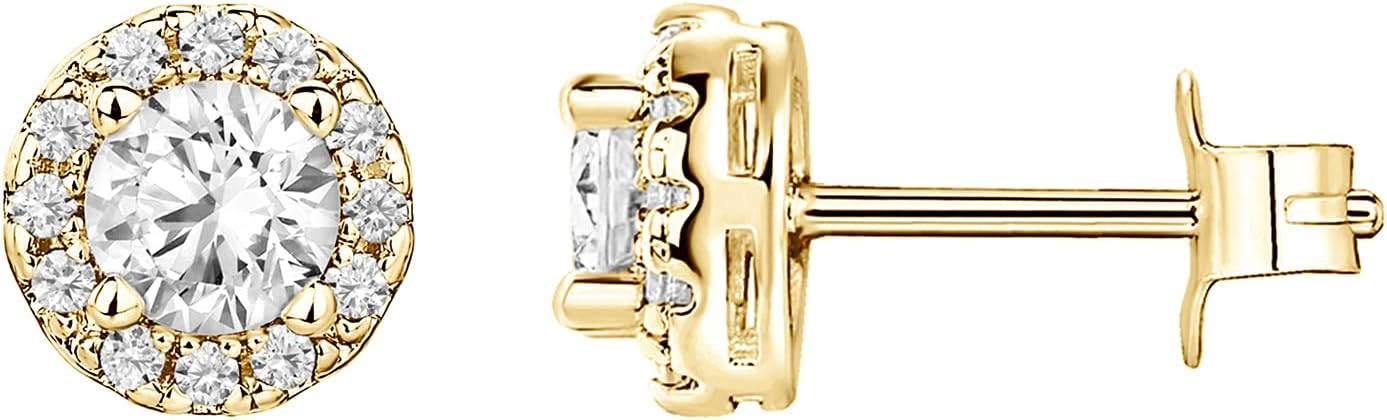 PAVOI 14K Gold Plated 925 Sterling Silver Post Brilliant Round Faux Diamond Halo Earrings - Premium Cubic Zirconia | Amazon (US)