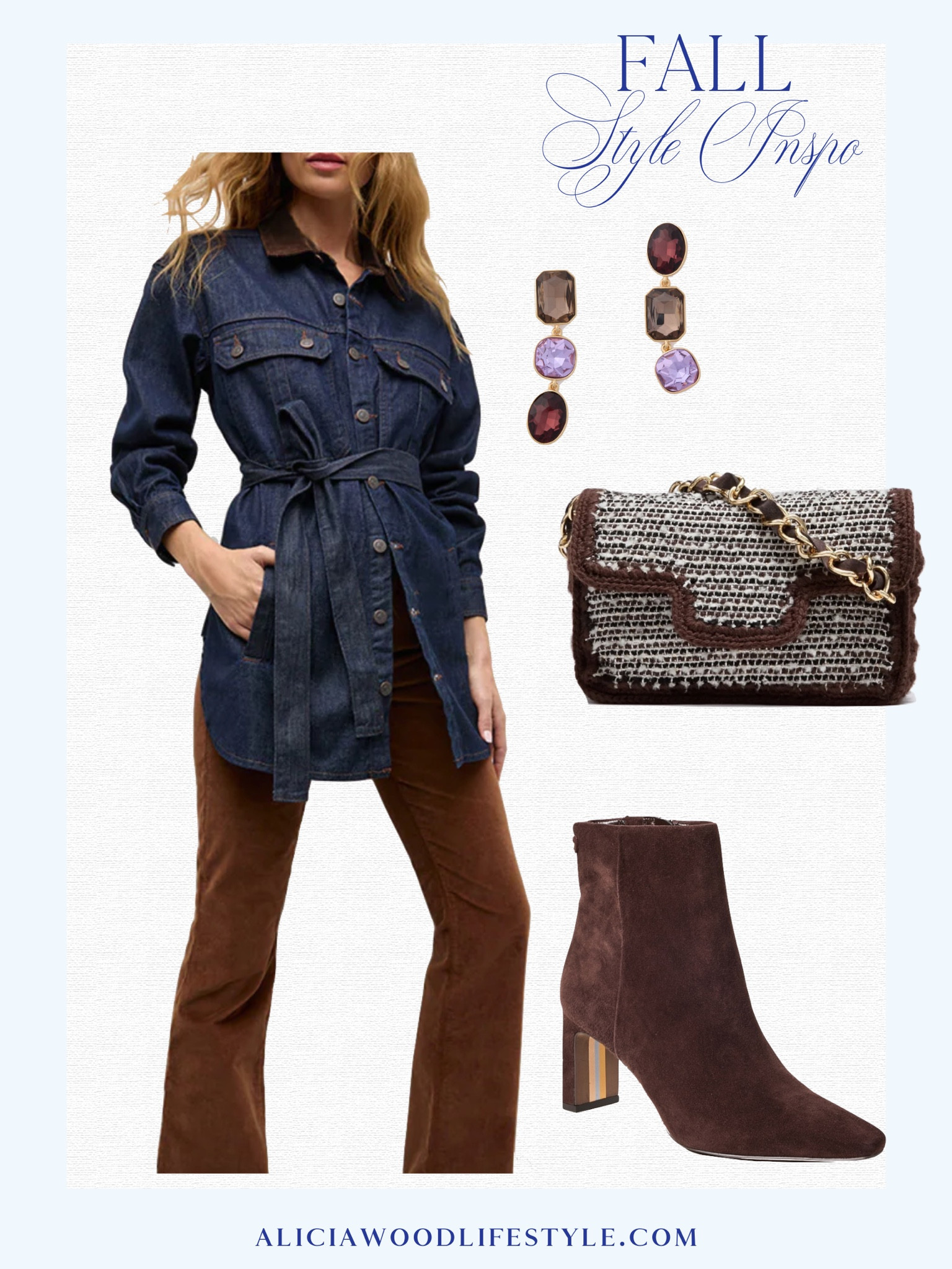 Fall Style Inspiration 

Belted Denim shacket with corduroy collar 
Brown corduroy bootcut pant
Brown suede bootie
Brown woven handbag 
Triple stone drop earring 


#LTKSeasonal #LTKOver40 #LTKStyleTip