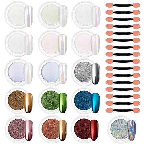 Artdone 16 Colors Chrome Nail Powder, Iridescent Aurora Chameleon Powder Metallic Mirror Effect Pigment Pearlescent Mermaid Pigment Pearl Glitter Dust Kit, Nail Art Decoration, Resin Craft | Amazon (US)
