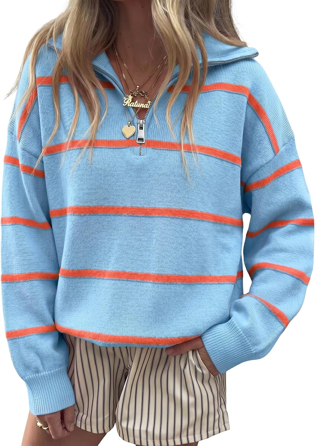 Fisoew Womens Quarter Zip Striped Sweater Oversized Turtleneck Pullover Top | Amazon (US)