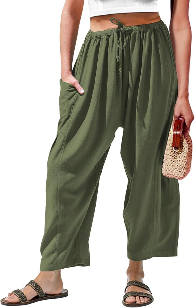 Duyang Women Linen Wide Leg Pants Casual Summer Palazzo Pants Beach Vacation Outfits Flowy Loose ... | Amazon (US)