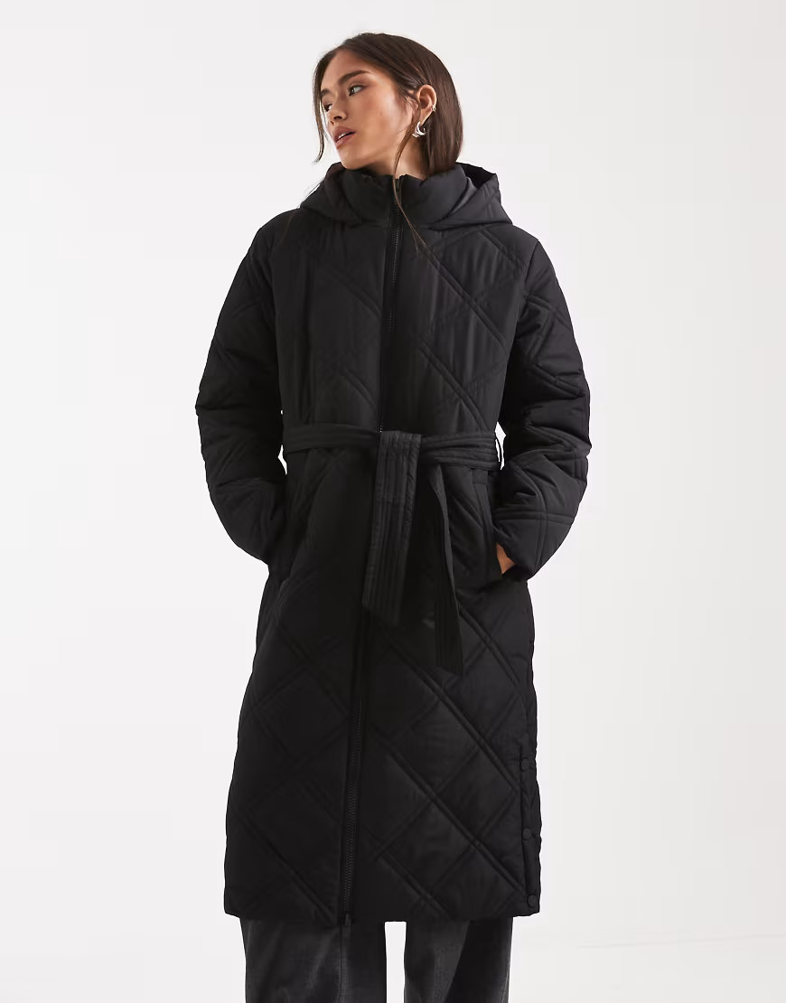 Threadbare quilted maxi length coat with belt in black | ASOS (Global)