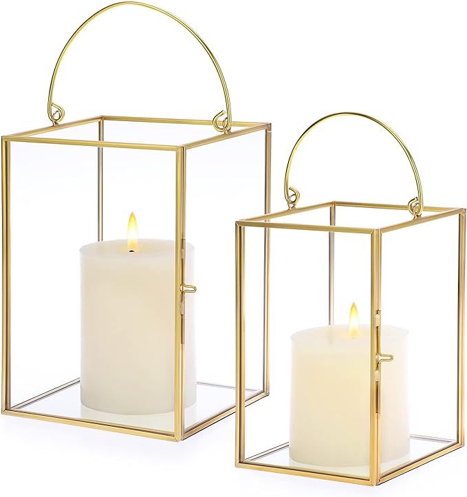 SUMNACON Set of 2 Glass Hurricane Candle Holders Pillar Candle Holder, Decorative Clear Gold Cand... | Amazon (UK)