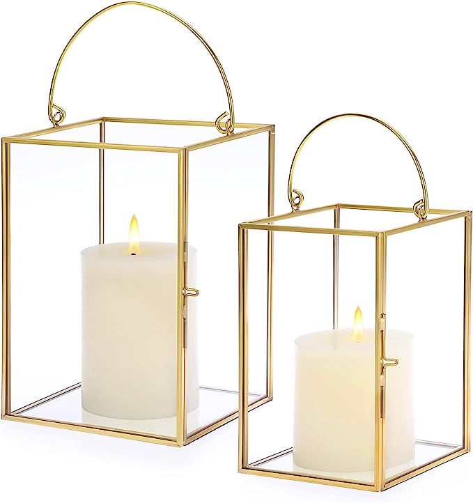 SUMNACON Set of 2 Glass Hurricane Candle Holders Pillar Candle Holder, Decorative Clear Gold Cand... | Amazon (UK)
