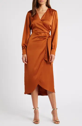Fluid Long Sleeve Satin Faux Wrap Midi Dress | Nordstrom