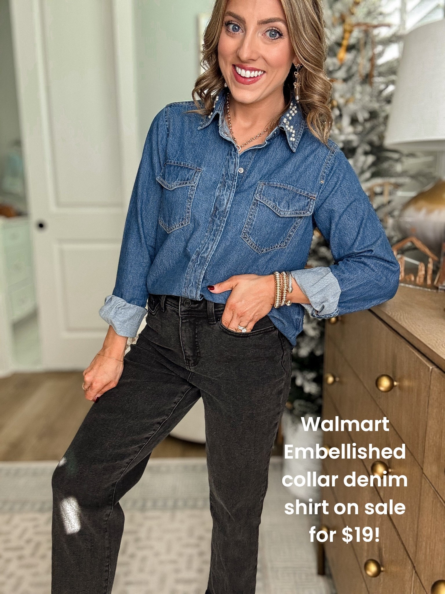 This Walmart denim shirt is SUCH a standout 🤍
I’m obsessed with this gorgeous embellished collar denim shirt, and it’s currently on sale for just $19 🙌 The pearl + rhinestone detailing instantly elevates a classic denim button-down and makes it feel so chic and boutique-inspired—without the boutique price tag.

I styled it as a full head-to-toe Walmart fashion look, and it’s perfect for everyday wear, casual dinners, school drop-off, or even dressed up with boots and statement jewelry. The fit is comfortable, easy to tuck or wear loose, and the embellishment adds just the right amount of sparkle ✨

If you love Walmart fashion finds, affordable elevated basics, and pieces that look way more expensive than they are, this one is a must-have 🤍
👉 Everything is linked in LTK!

#WalmartFashion #WalmartFinds #WalmartStyle #AffordableFashion #DenimShirt #EmbellishedTop #Under20Finds #BudgetStyle #EverydayOutfit #CasualChic #MomStyle #LTKFinds #LTKUnder20 #WalmartOutfit