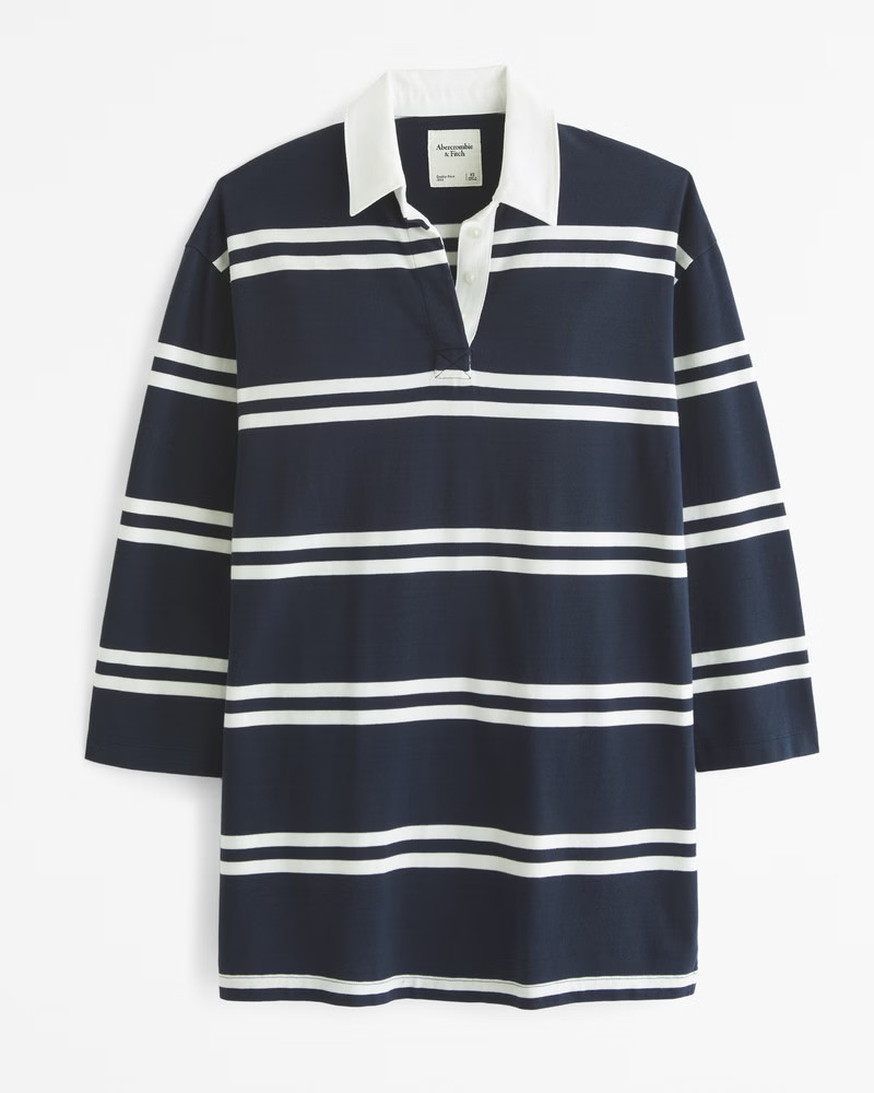 Abercrombie & Fitch Women's Essential Long-Sleeve Rugby Mini Dress in Dark Indigo Stripe - Size XXS PETITE | Abercrombie & Fitch (US)