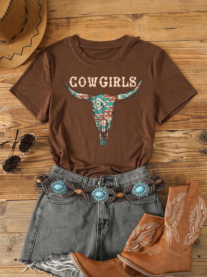 SHEIN LUNE Cow & Letter Graphic Tee Cowgirl | SHEIN