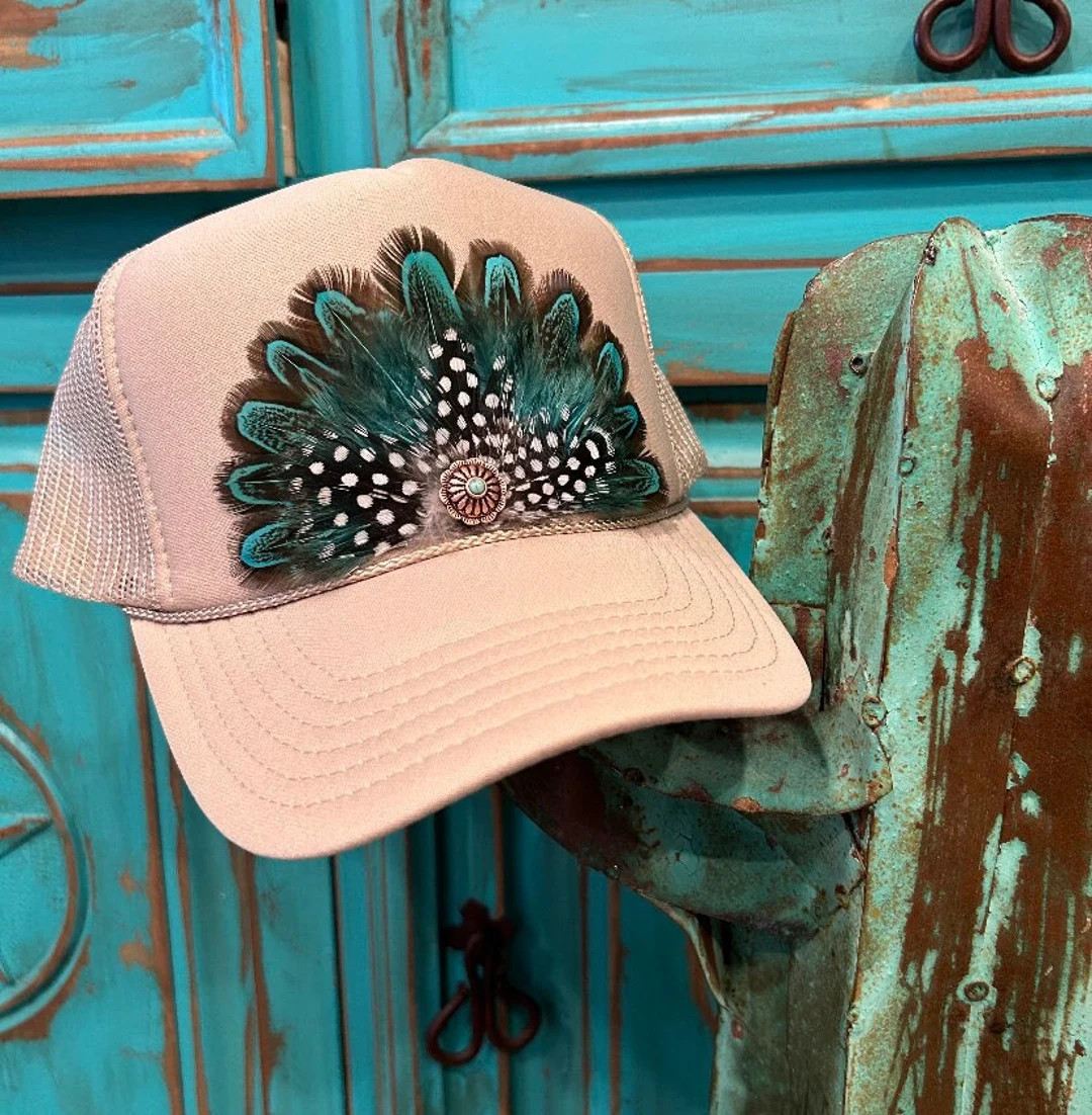 Feather Trucker Hat, Cowgirl Hat, Feather Hat, Country Concert Hat, Trendy Country Hat, Khaki Tru... | Etsy (US)