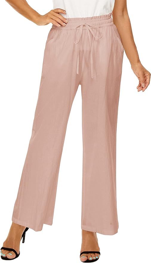 LNX Womens Linen Pants Wide Leg High Waisted Drawstring Loose Linen Long Pants with Pockets | Amazon (US)