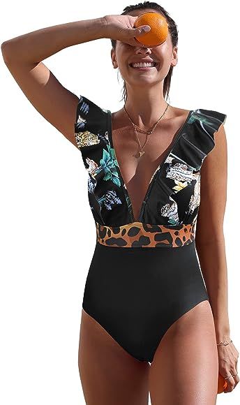 SPORLIKE Women One Piece Swimsuit V-Neck Ruffle Bathing Suit Padded Monokini | Amazon (US)