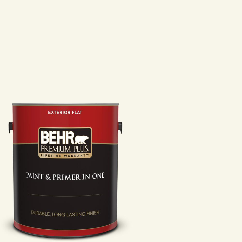 BEHR PREMIUM PLUS 1 gal. #OR-W15 Sleek White Flat Exterior Paint and Primer in One | The Home Depot
