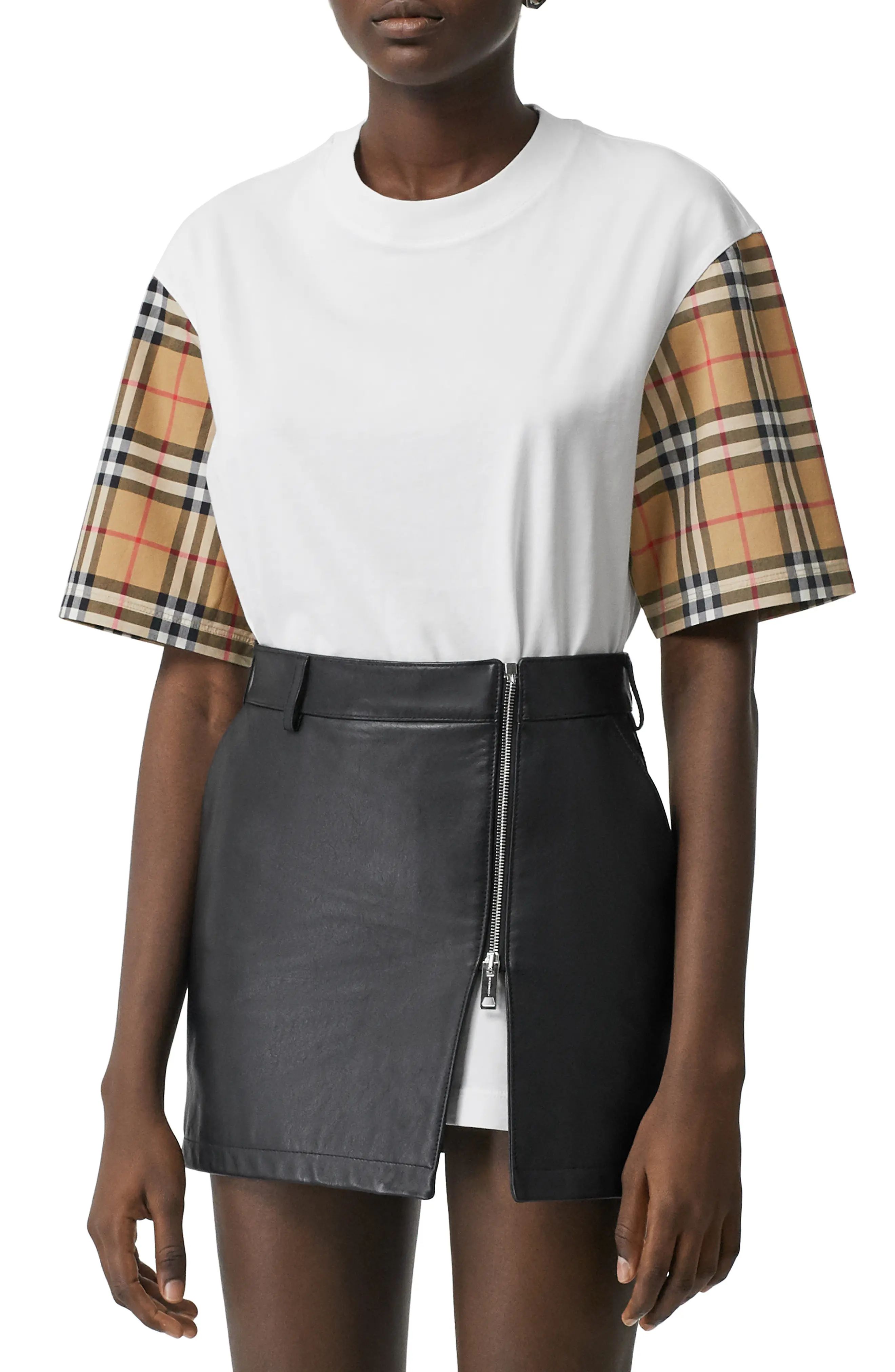 Women's Burberry Serra Vintage Check Sleeve T-Shirt, Size X-Small - White | Nordstrom