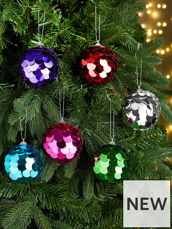 Very Home Set of 6 Multicoloured Sequined Christmas Tree Baubles | Very (UK)