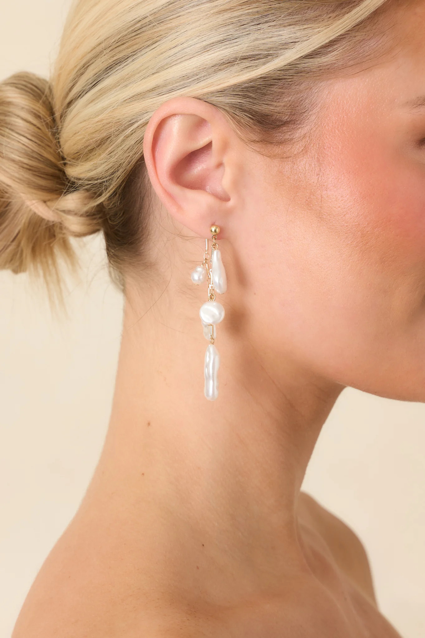 Twice as Nice Gold & Pearl Drop Earrings | Red Dress