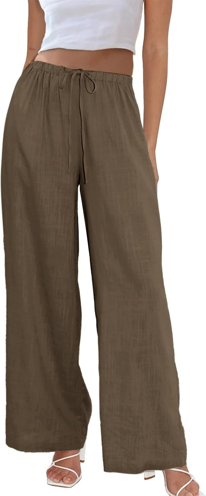 Duyang Womens Cotton Linen Palazzo Pants Drawstring Elastic Waist Casual Wide Leg Trousers with P... | Amazon (US)