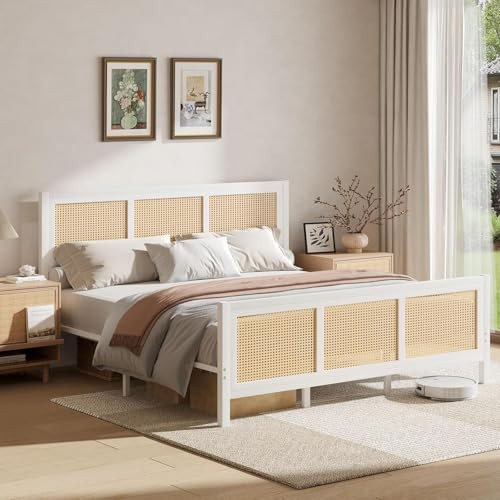 CHABUILDREARK Rattan Bed Frame, Boho King Bed Frame and Headboard, Metal Platform King Size Bed Frames with Strong Slats Support, No Box Spring Needed, Noise-Free, Easy Assembly, White | Amazon (US)