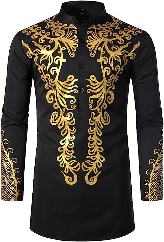 LucMatton Men's Luxury African Traditional Metallic Gold Printed Dashiki Shirt Black X-Large at A... | Amazon (US)