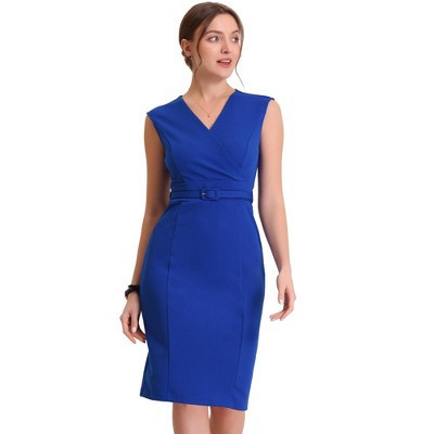 INSPIRE CHIC Women's Sleeveless V Neck Business Office Belt Pencil Dresses Large Royal Blue | Target