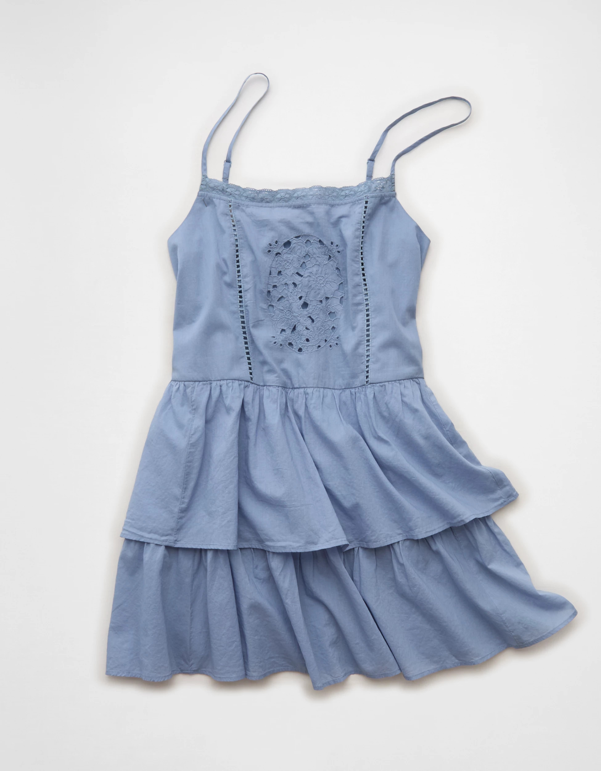 AE Babydoll Lace-Embroidered Tiered Mini Dress | American Eagle Outfitters (US & CA)