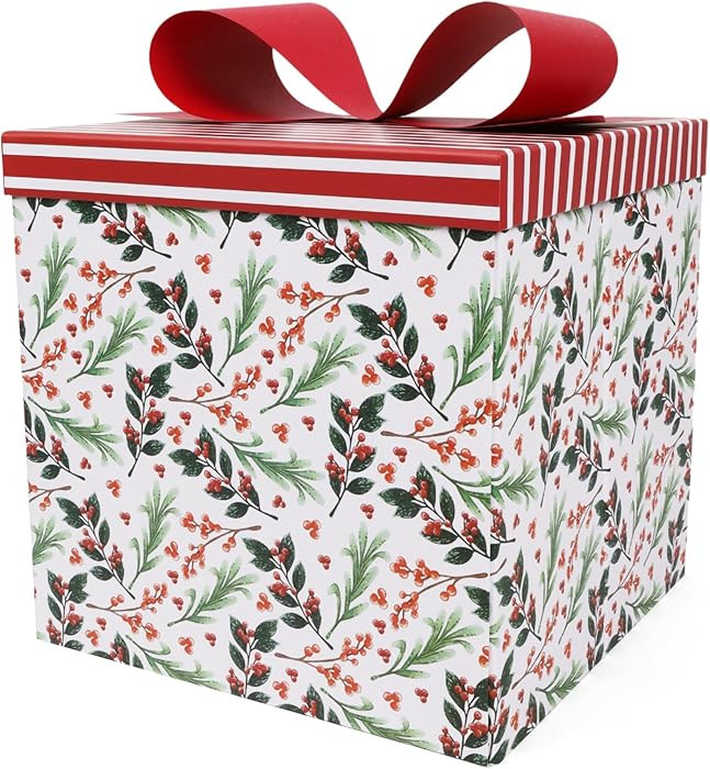 LaRibbons Large Christmas Gift Boxes with Lids,10x10x10 Inches Greens and Berries Design Folding ... | Amazon (US)