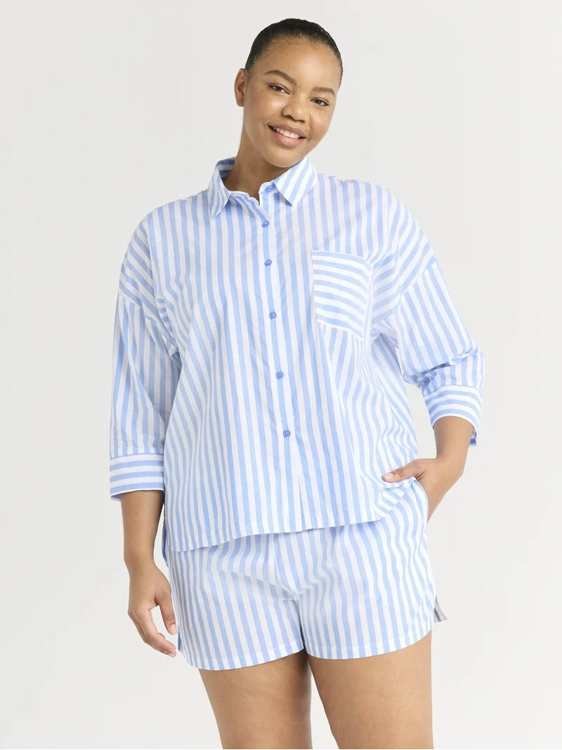 Joyspun Women’s Woven ¾ Sleeve Notch Collar Top and Boxer Shorts Pajama Set, Sizes XS-3X | Walmart (US)