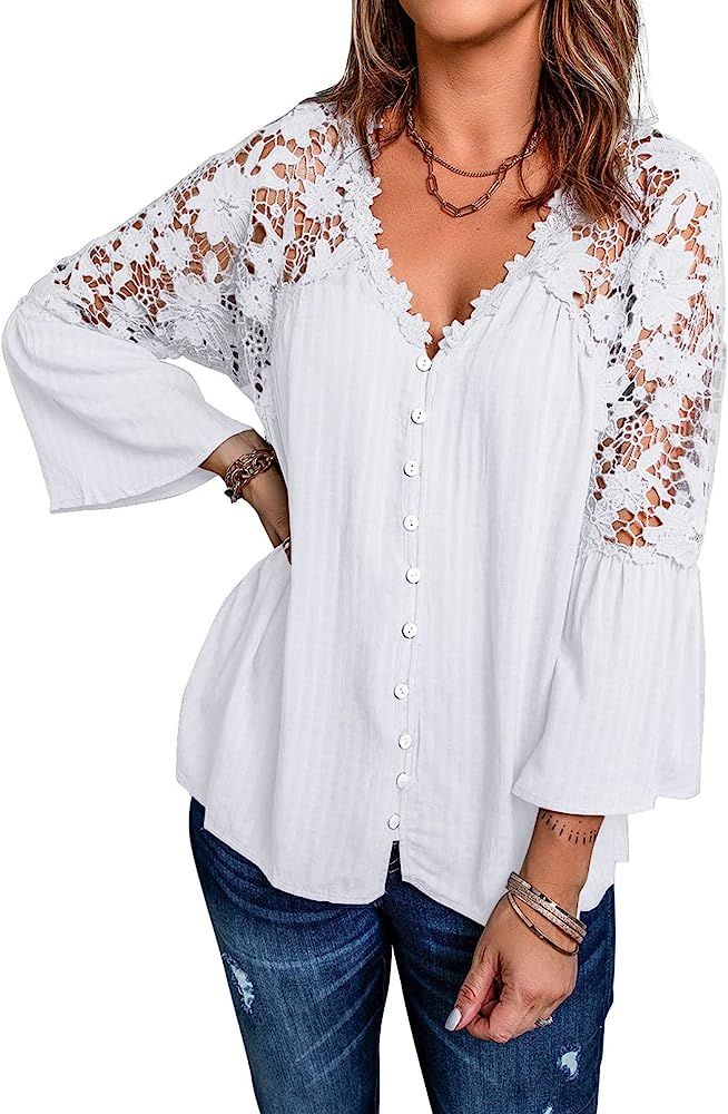 Asvivid Womens V Neck Button Down Shirts Crochet Lace Tops Summer Bell Sleeve Blouse Casual Loose T- | Amazon (US)