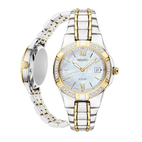 SEIKO SUT068 Watch for Women - Diamond Collection - with 18 Diamond Accents, Solar Power, Mother-of-Pearl Dial, Two-Tone Gold Stainless Steel Case & Bracelet, and Water-Resistant to 50m | Amazon (US)