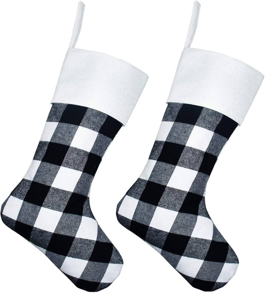 Senneny 2 Pack Christmas Stockings- 18 Inch Black White Buffalo Plaid Christmas Stockings Firepla... | Amazon (US)