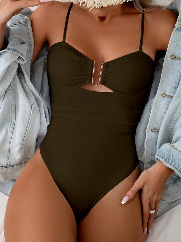 Swim Chiccia 1pc Solid Color Hollow Metal Decor One-Piece Swimsuit, For Summer Beach Vacation | SHEIN