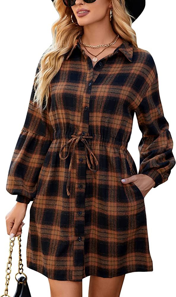 Blooming Jelly Womens Plaid Dress Flannel Puff Sleeve Dress Button Down Casual Dresses for Women 202 | Amazon (US)