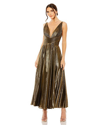 Women's Sleeveless V Neck Pleated Top Metallic Dress | Macy's