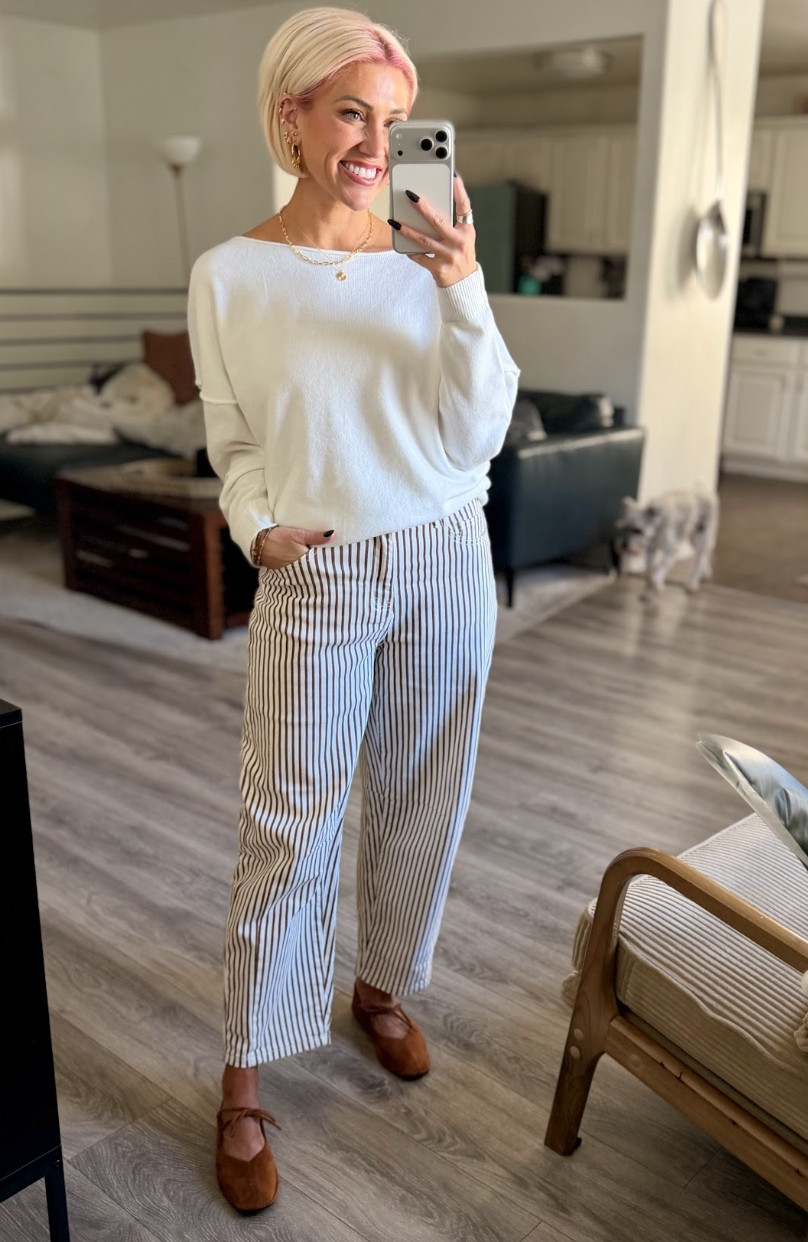 Absolutely smitten with these striped pants!! #ootd #fallfashion Pants: Small // Sweater: Small // Shoes: TTS 

 #LTKootd #LTKSeasonal #LTKSaleAlert
