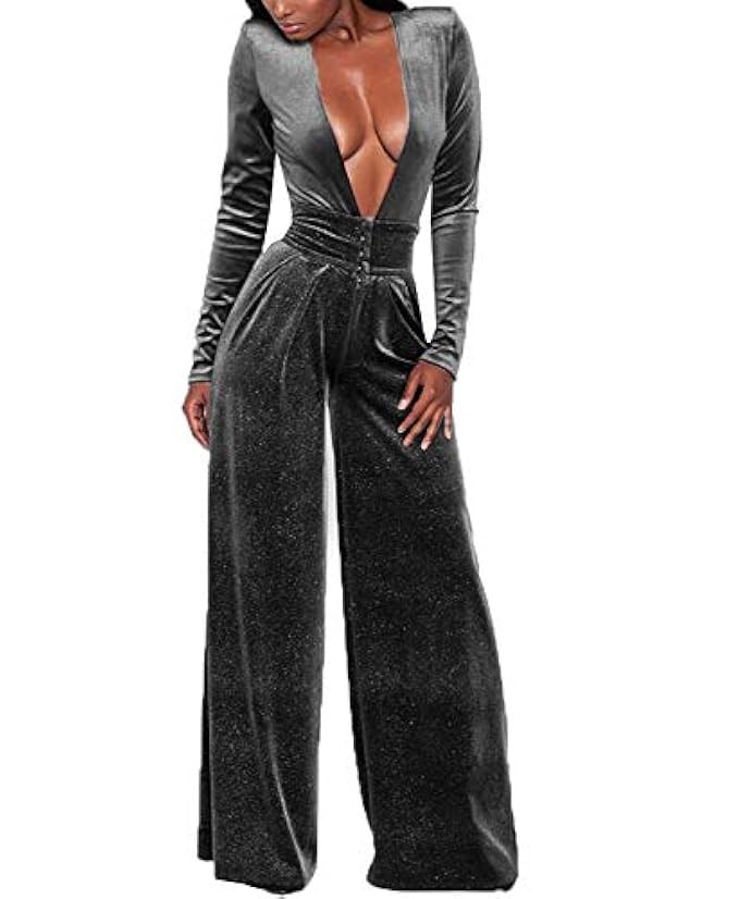 LightlyKiss Women's Sexy Deep V-Neck Long Sleeve Velvet Pants One Piece Romper Jumpsuits | Amazon (US)