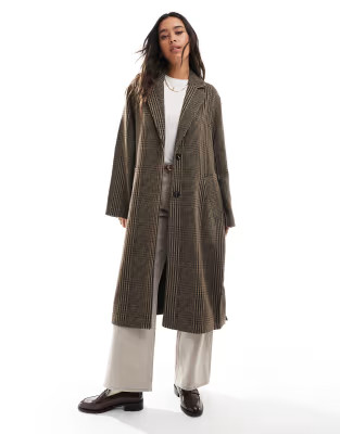 ONLY longline belt check coat in brown | ASOS (Global)