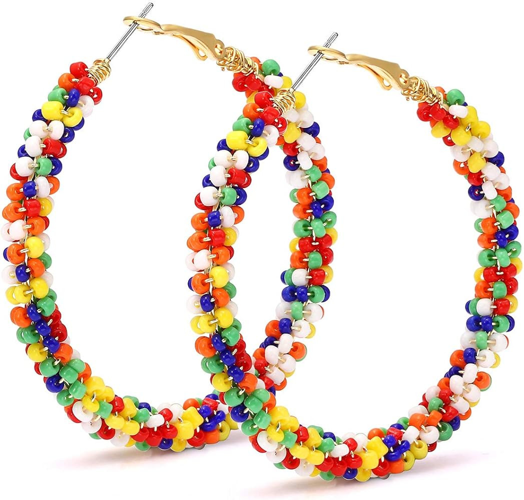 CEALXHENY Beaded Hoop Earrings for Women Mixed Color Bead Dangle Earrings Bohemia Hoop Dangle Ear... | Amazon (US)