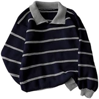Floerns Women's Collared Striped Sweaters Preppy Oversized Knit Fall Pullover Sweater | Amazon (US)