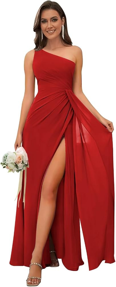 Bolodoo One Shoulder Bridesmaid Dresses for Women Ruched Chiffon A Line Evening Formal Gown with ... | Amazon (US)