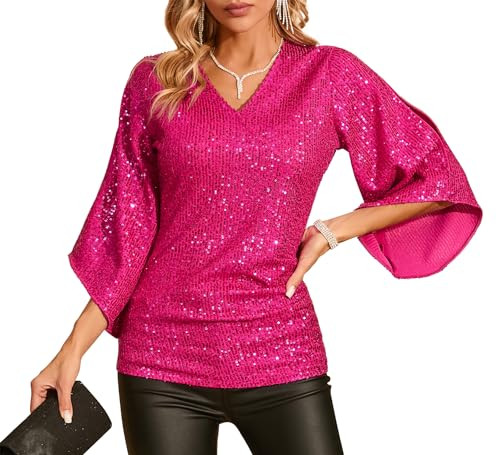 Womens Sequin Top 3/4 Sleeve Sparkly Shirt Glitter V-Neck Dressy Blouse for Evening Party Night | Amazon (US)