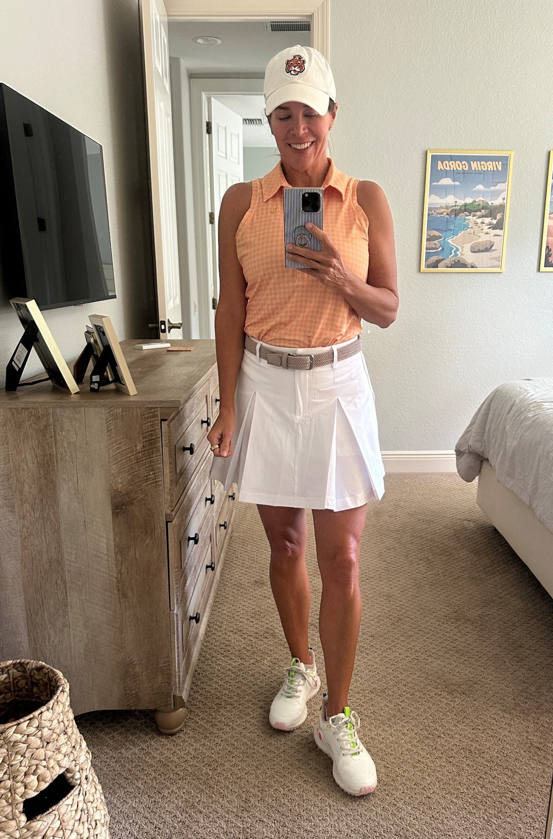 This skirt got so many compliments on the golf course today! And it’s on sale! Wearing my true size (27). Linked similar shirts because this one is older. Shoes run small, size up. So cute and comfy!

#LTKActive #LTKOver40 #LTKSaleAlert