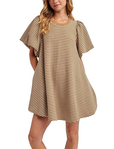 Zontroldy Women's Summer Casual Striped A Line Flowy Dress Crew Neck Puff Sleeve Sundress with Pockets(1724-Khaki-L) | Amazon (US)