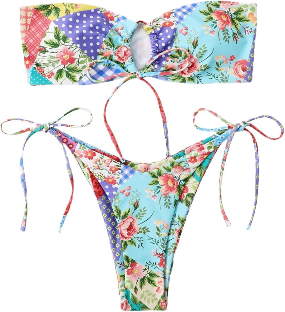 Romwe Women's Flroal Bandeau Top and Tie Side Swimwear Bikini Set 2 Piece Swimsuits | Amazon (US)