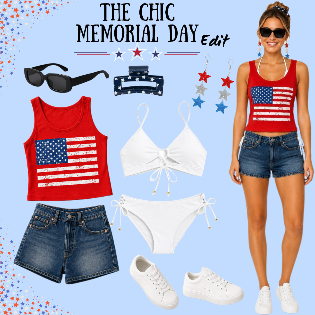 The Chic Memorial Day Edit 🇺🇸 

I did the digging for affordable Amazon finds that make a Memorial Day outfit feel festive, cute, and actually wearable — without looking overly themed. 

This red, white, and blue edit is easy to style for Memorial Day weekend, Fourth of July, summer BBQs, lake days, pool parties, beach trips, fireworks, vacation, and casual weekend plans.

This look is built around pieces you can mix, match, and rewear all summer: a red patriotic tank, denim shorts, a white bikini, white sneakers, sunglasses, star earrings, and a cute claw clip. 

Wear the tank and denim shorts as an easy holiday outfit, layer the white bikini underneath for pool or beach plans, or use the accessories to make basics you already own feel more festive.

What makes this edit worth shopping is that the pieces are not one-and-done. 

The denim shorts, white sneakers, sunglasses, bikini, and accessories can all be styled again for beach vacations, summer travel, lake weekends, casual errands, concerts, theme park days, and everyday warm-weather outfits.

Perfect if you need a last-minute Memorial Day outfit, Fourth of July outfit, red white and blue outfit, patriotic summer outfit, Amazon summer fashion finds, denim shorts outfit, white sneaker outfit, beach outfit, pool day look, BBQ outfit, lake day outfit, white bikini, or affordable Amazon pieces that ship fast.

📌  SAVE THIS: now so you can come back when you’re putting together your holiday weekend outfit.

↓ Everything is linked!

#LTKActive #LTKSaleAlert #LTKTravel